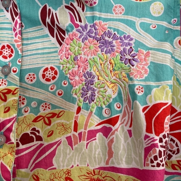 Robert Graham turquoise & pink tropical pattern embroidered 3/4 sleeve button up - Picture 11 of 11